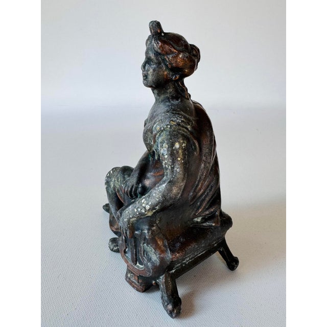 Late 19th Century Antique Ansonia Figural Clock Top Seated Woman With Lyre Cast Metal Statue For Sale - Image 5 of 9