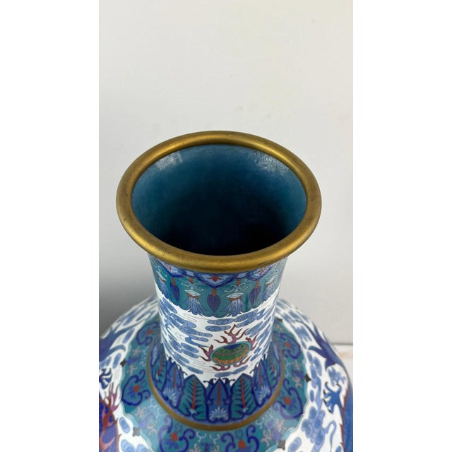 Monumental Pair of Chinese Cloisonne Enamel Blue and White Dragons Vases For Sale - Image 10 of 16