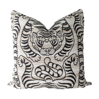 Chinoiserie Tibetan Tiger Chenille Beige and Black Pillow - 24" For Sale