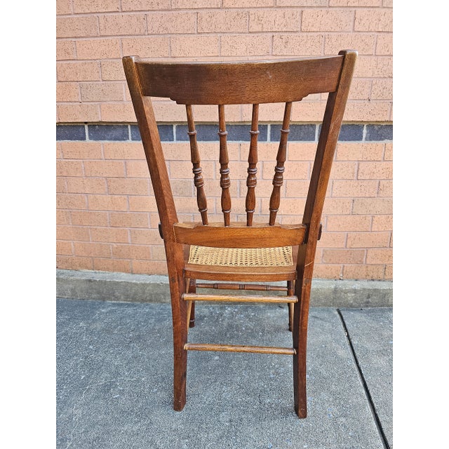 Late 19th Century Pair of Victorian Walnut Carved and Spindle Cane Seat Side Chairs For Sale - Image 5 of 10