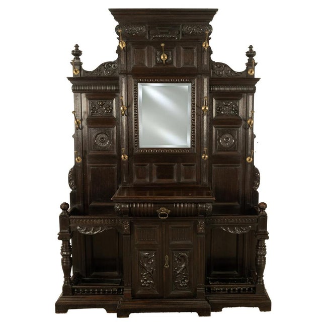 Antique Monumental Renaissance Revival Carved Oak Hall Tree Stand Mirror 1890 For Sale - Image 4 of 14