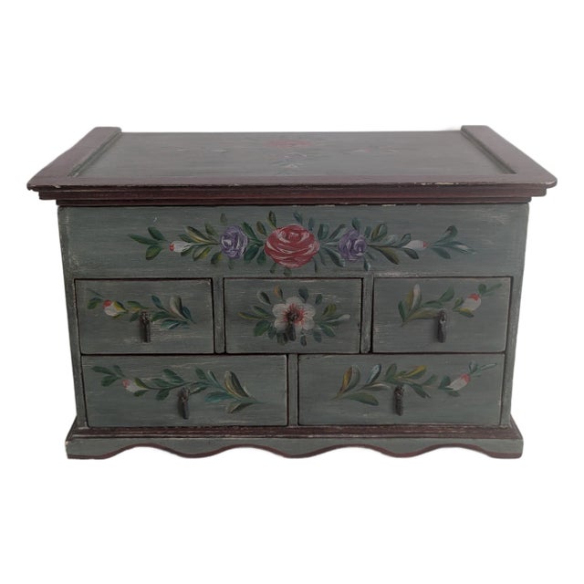 Vintage Handcrafted and Painted Wood Folk Art Jewelry Box For Sale
