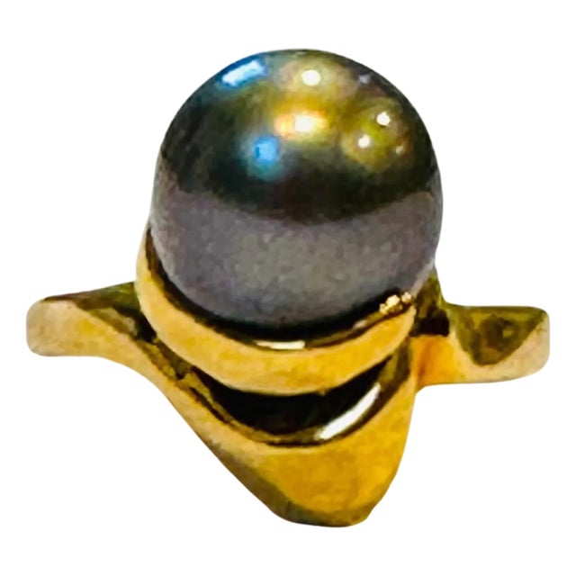 Black Tahitian Pearl 9.3 MM Cocktail Ring 18 Karat Yellow Gold For Sale