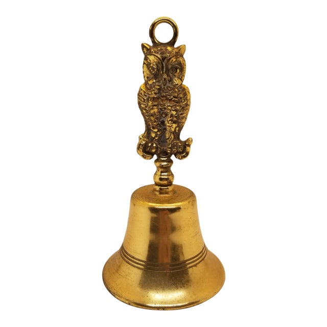 Vintage Brass Metal Hand Bell Owl Figurine Handle, Made England For Sale