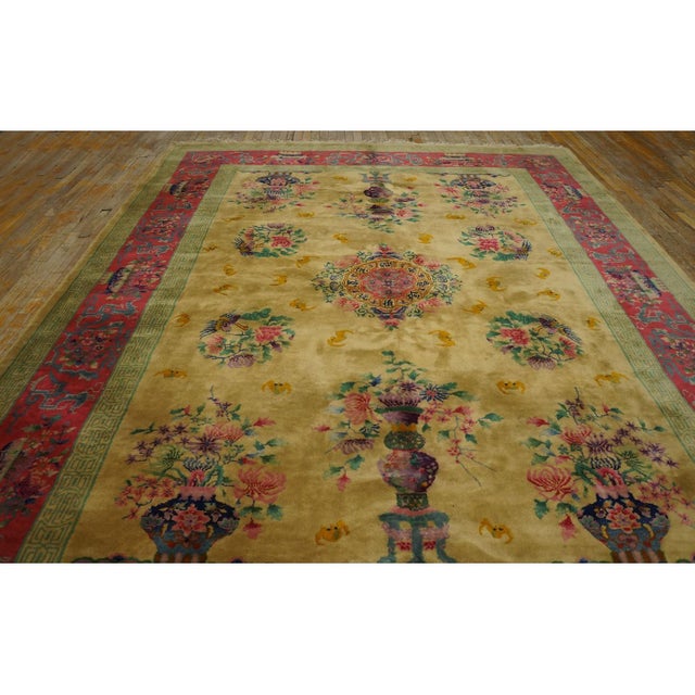 Art Deco 1920s Soft Yellow Field Antique Vase Floral Shou Symbols Chinese Art Deco Rug For Sale - Image 3 of 11