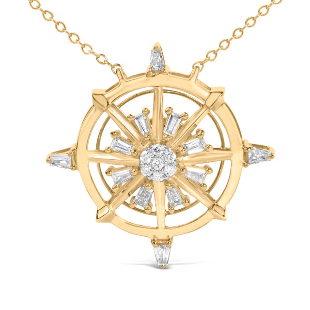 Contemporary 14K Yellow Gold Plated Sterling Silver 1/3 Cttw Diamond Compass Pendant Necklace For Sale - Image 3 of 4