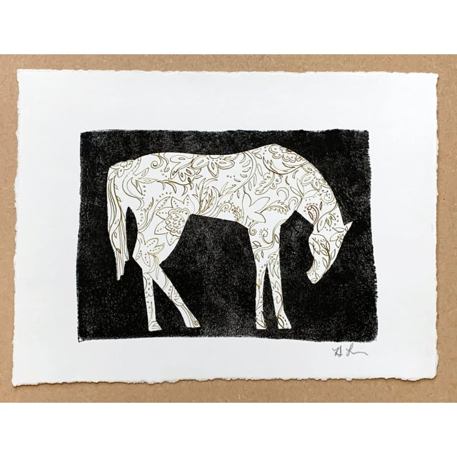 Early Winter, celebrating the elegant silhouette of a horse, contemporary monoprint and ink on paper.