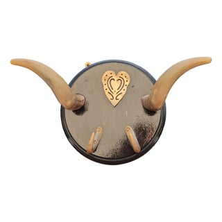 Pre-War Wooden Coat Rack with Bull Horns, 1890s For Sale