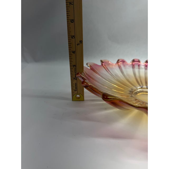 Art Deco Vintage Art Deco Style Iridescent Ruffled Amber & Magenta Glass Bowl For Sale - Image 3 of 5