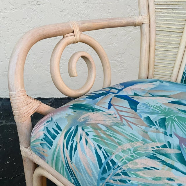 Late 20th Century Vintage Peacock Style Chair With Rattan Reed, Bent Wood Swirls and Tropical Palm Upholstery For Sale - Image 5 of 13