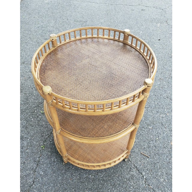 1980s McGuire Three Tier Natural Rattan Bamboo and Leather Rolling Bar Cart For Sale - Image 5 of 10
