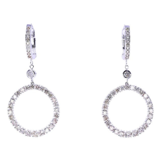 2 Carat Round Circle Shape Brilliant Cut Diamond Hoop 14 Karat White Gold Huggies, A Pair For Sale