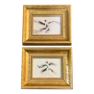 Contemporary 2 Abstract Ink Paintings Chunky Gold Frames-a Pair