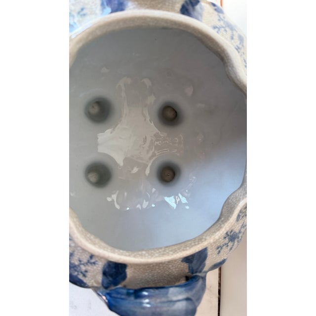 Vintage Chinoiserie Blue and White Ceramic Covered Footed Soup Tureen With Lid | Crackle Glaze Floral Decorative Centerpiece Pot For Sale - Image 12 of 14