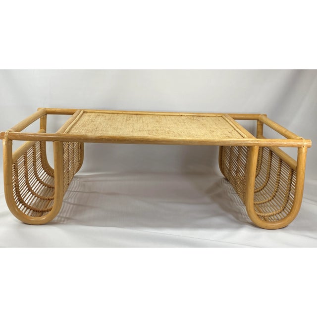 Fantastic condition rattan and Bamboo bed tray with grasscloth top and curved side pockets to hold your magazine, book, or...