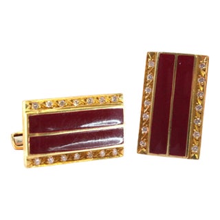 Gold Cufflinks with Reliefs and Brilliant-Cut Diamonds, Set of 2 For Sale