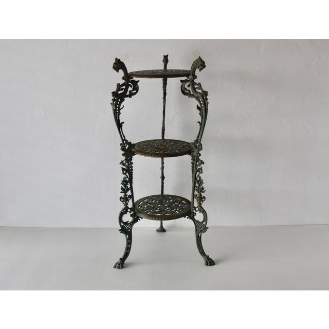 Victorian Victorian Style Cast Iron Three Tiered Jardinière Plant Stand Lion Head Paw Footed Details Vintage For Sale - Image 3 of 18