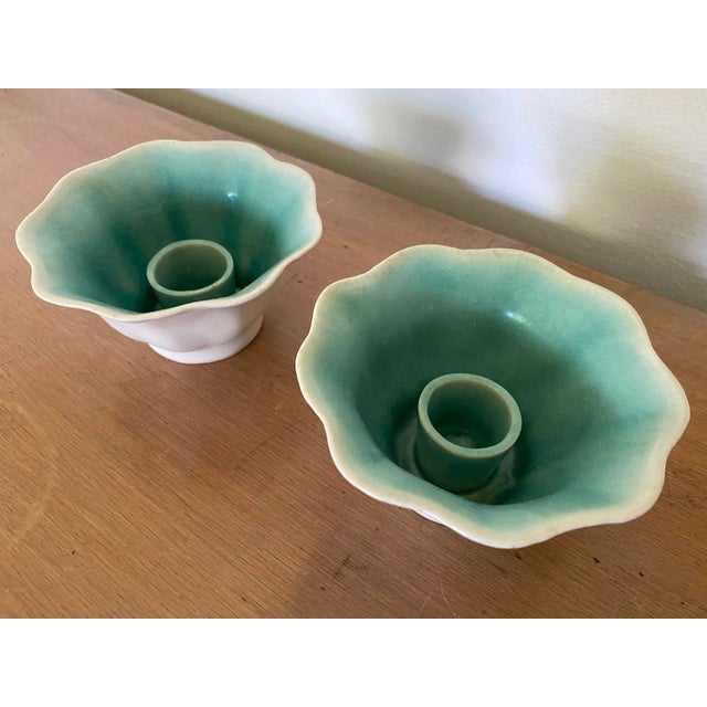 1950s Mid-Century Winfield Pottery of Pasadena California Floriform Pottery Candle Holders - a Pair For Sale - Image 5 of 10