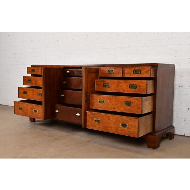 Century Furniture Mid-Century Hollywood Regency Campaign Burl Wood Triple Dresser or Credenza, Circa 1970s For Sale In South Bend - Image 6 of 13