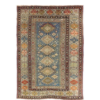 Antique 19th Century Caucasian Shirvan Rug With Medallions in Teal Blue Background and Multi Colors For Sale