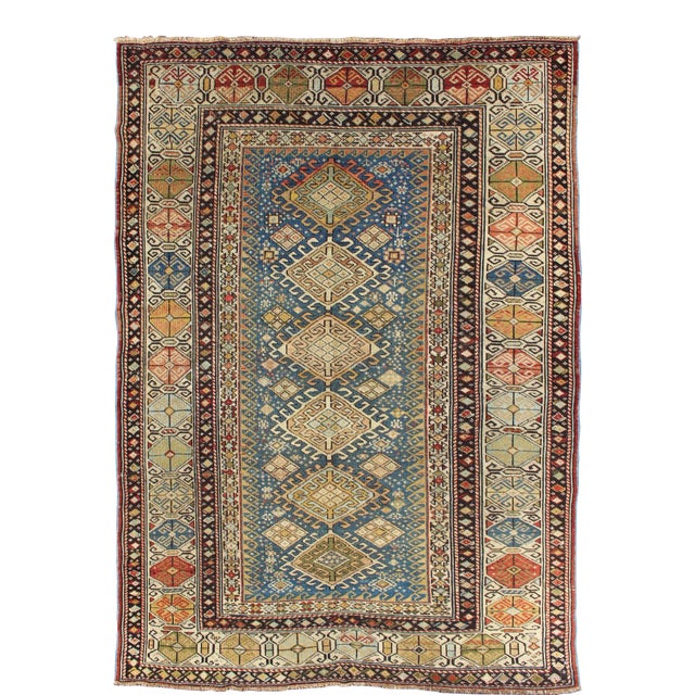 Antique 19th Century Caucasian Shirvan Rug With Medallions in Teal Blue Background and Multi Colors For Sale