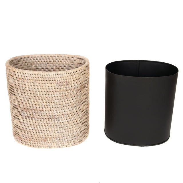 Boho Chic Artifacts Rattan Oval Waste Basket with Metal Liner in White Wash - 11" For Sale - Image 3 of 7