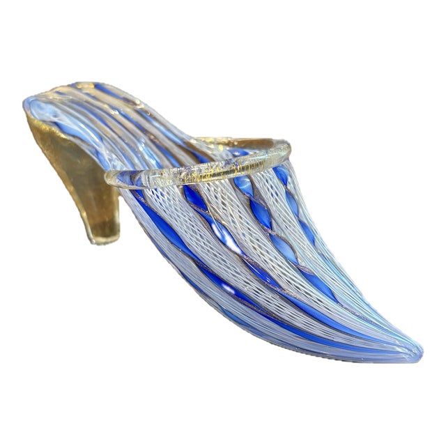 Mid-20th Century Italian Murano Glass Slipper With Blue and White Zanfirico Ribbon Filigree For Sale