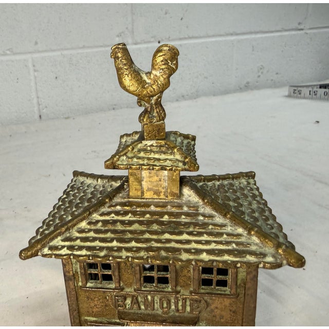 Figurative Rare Antique French Pagoda Rooster Banque Coin Still Dime Penny Brass Bank For Sale - Image 3 of 9
