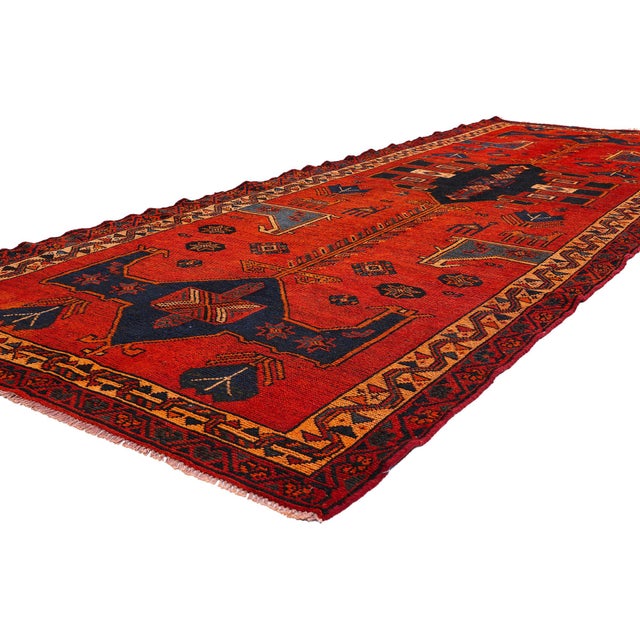 61421 Antique Persian Shiraz Rug Runner, 04'10 x 13'08. The Totemic Axis: A Late 19th Century Persian Shiraz Masterpiece...