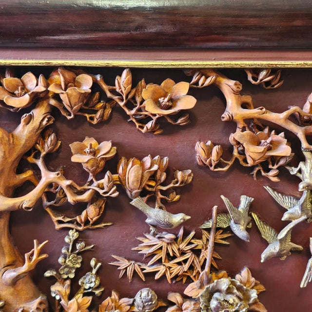 Antique Chinese Japanese Relief Carved Wood Lacquer Panel Birds Prunus Tree Wall For Sale - Image 9 of 11