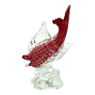 Vintage Murano Red Gold Flecks Bubbles Sommerso Italian Art Glass Fish Figure Sculpture, Mid-Century Era For Sale