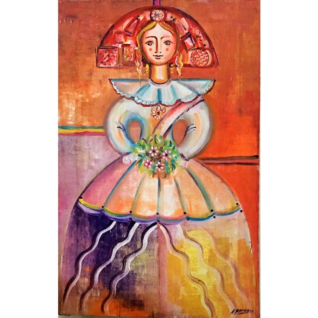 Set of three oil on canvas by A. G. Marco, Spain. Dimensions: Meninas: 44.5 x 28. Harlequin: 45.5 x 35.