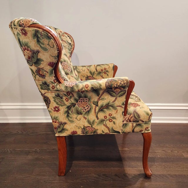 Vintage Woven English Botanical Curved Wingback Chair For Sale - Image 4 of 12