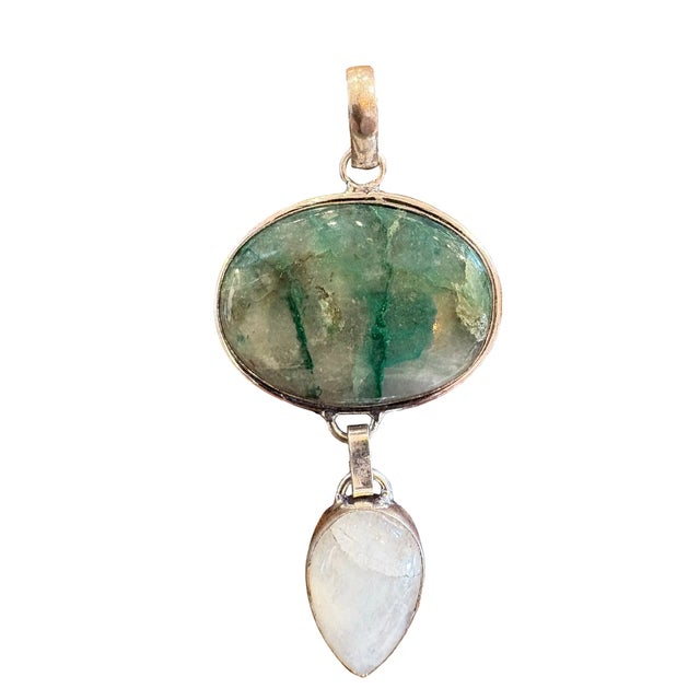 1990s Vintage Sterling Silver Pendant Featuring Emerald in Matrix Stone and Moonstone For Sale - Image 5 of 5
