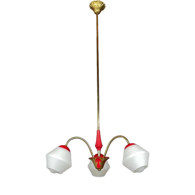 Vintage Italian Brass and Milky Glass 3-Arm Chandelier, 1950s For Sale