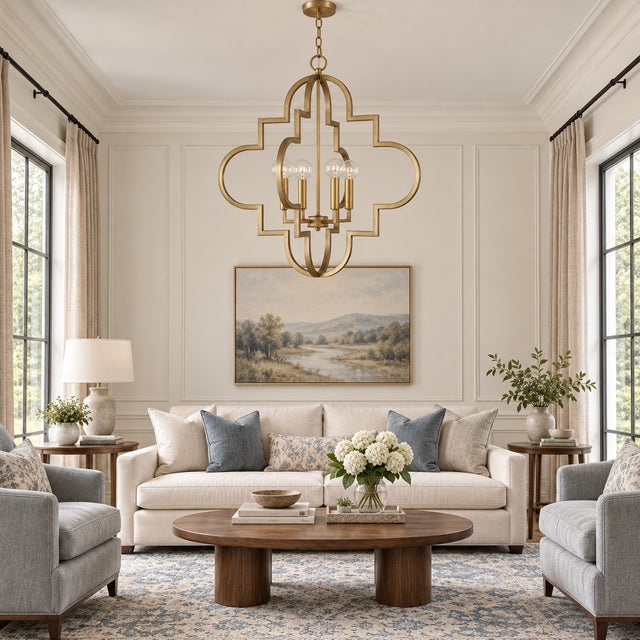 Hollywood Regency Capital Lighting Ellis Brushed Gold Quatrefoil Chandelier For Sale - Image 3 of 3