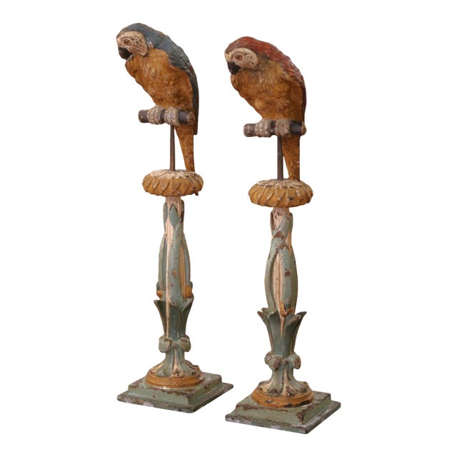 Pair of Mid 19th Century Italian Carved and Painted Parrot Candlestick Stands For Sale