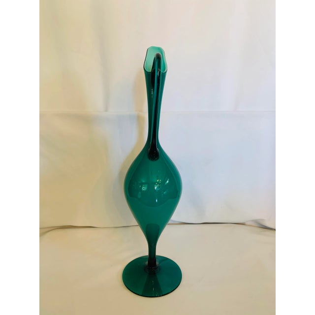 Glass Mid-Century Teal Over White Glass Pedestal Pitcher For Sale - Image 7 of 13