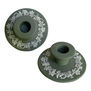 1950s Wedgwood Sage Green Jasperware Candlestick Holders- Set of 2