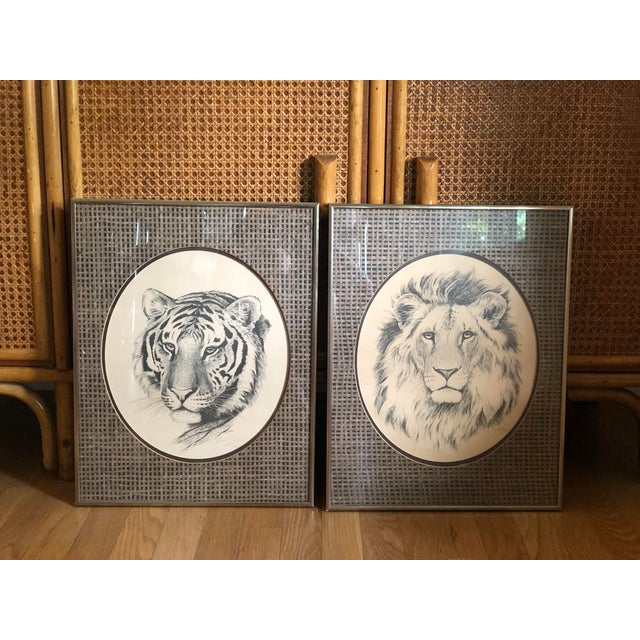 In great vintage condition with a few light scratches on the brass gallery frames. Matted in rattan and black grass cloth...