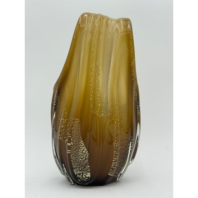 Mid Century Murano Amber Art Glass Aventurine Gold Flecks Vase Basket Handled Rich amber hue with aventurine gold flecks