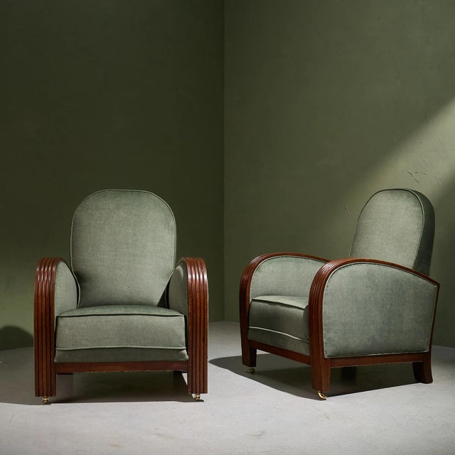 Art Deco Lounge Chairs in Sage Upholstery with Oak Frames, Netherlands, Set of 2 For Sale - Image 3 of 9