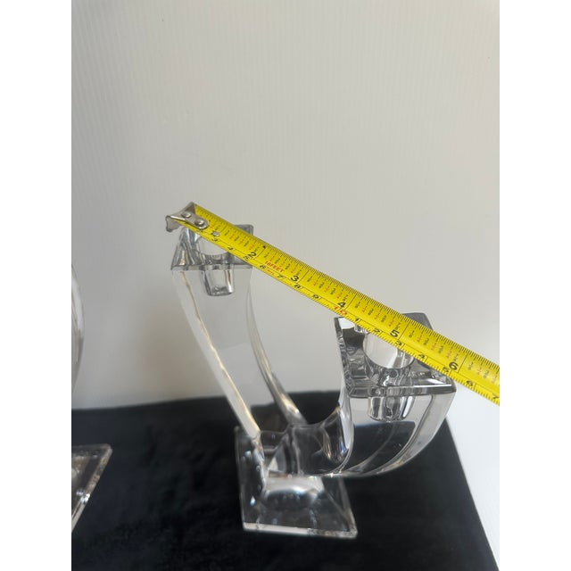 Transparent Vintage 1970s Signed Sevres Crystal France MCM Style Double Head Candleholder Set of Two(2) For Sale - Image 8 of 13