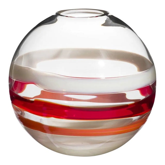 Carlo Moretti Vista Murano contemporary mouth blown glass vase in clear with streaks of orange, ivory and red. Part of the...