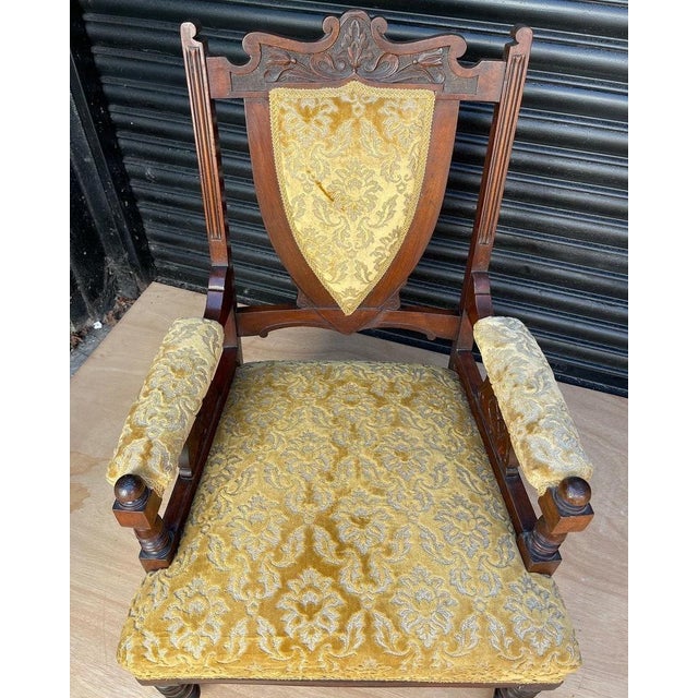 Victorian Oak Shield-Back Armchair – Antique Upholstered Library / Occasional Chair With Carved Detail & Castors For Sale - Image 9 of 9