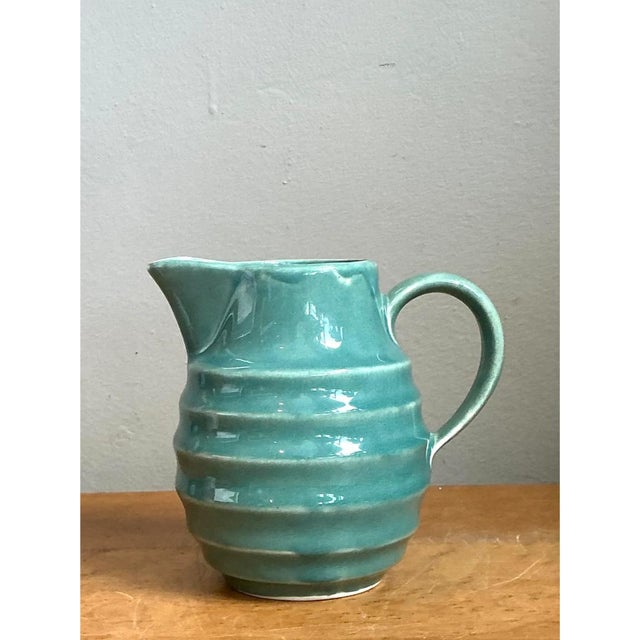 Mid 20th Century Vintage Aqua Ribbed Ceramic Pitcher For Sale - Image 5 of 12