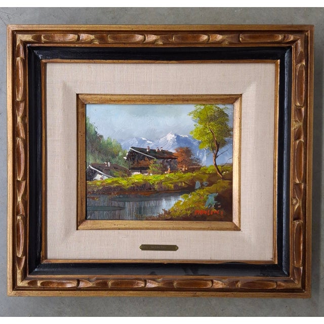 Dark Green Carlo Mancini, Italian 20th Century, Alpine Cottage Scenes, Oils on Canvas - Set of 2 For Sale - Image 8 of 16