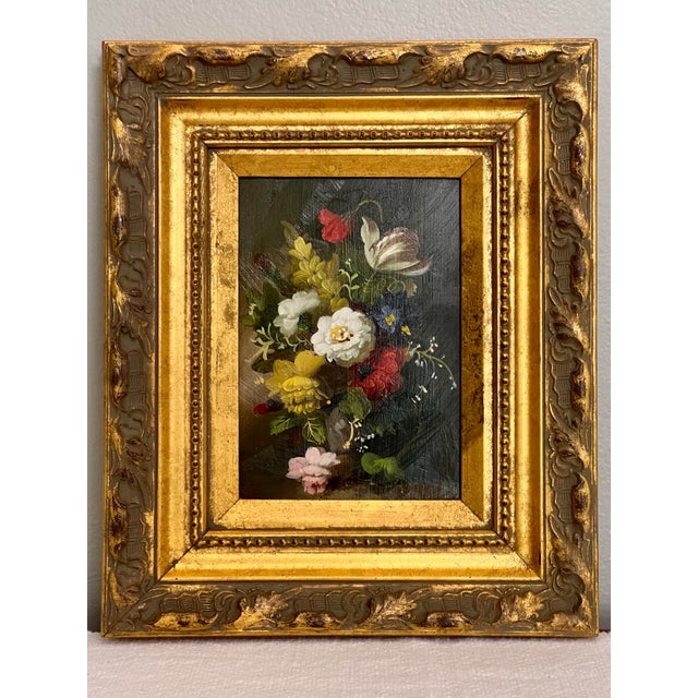 Realism Pair of 20th Century Oil on Board Floral Still Life Paintings in Giltwood Frames For Sale - Image 3 of 12