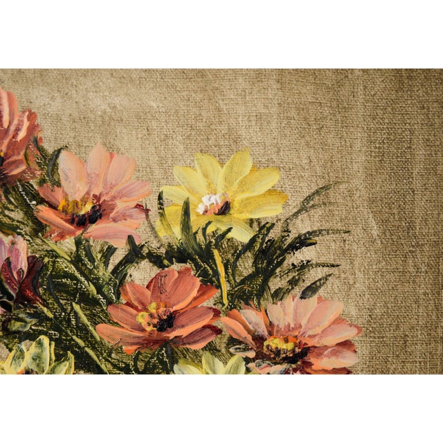 Still Life with Pink and Yellow Flowers in Oil on Canvas Still life with heavy impasto by unknown artist "Sergio" (20th...