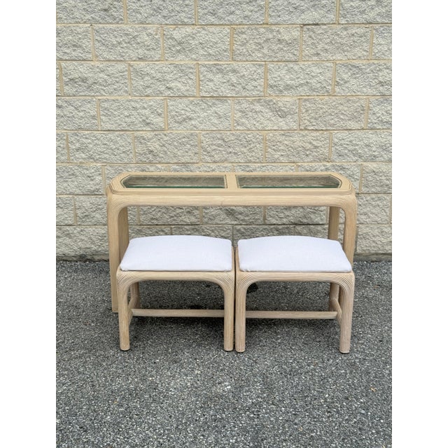 Mid-Century Modern 1970s Reed-Wrapped Console Table With Glass Top and Pair of Matching Stools For Sale - Image 3 of 10